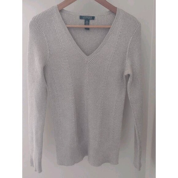 Lauren Ralph Lauren V Neck Sweater Metallic Ribbed Cotton - Picture 1 of 9